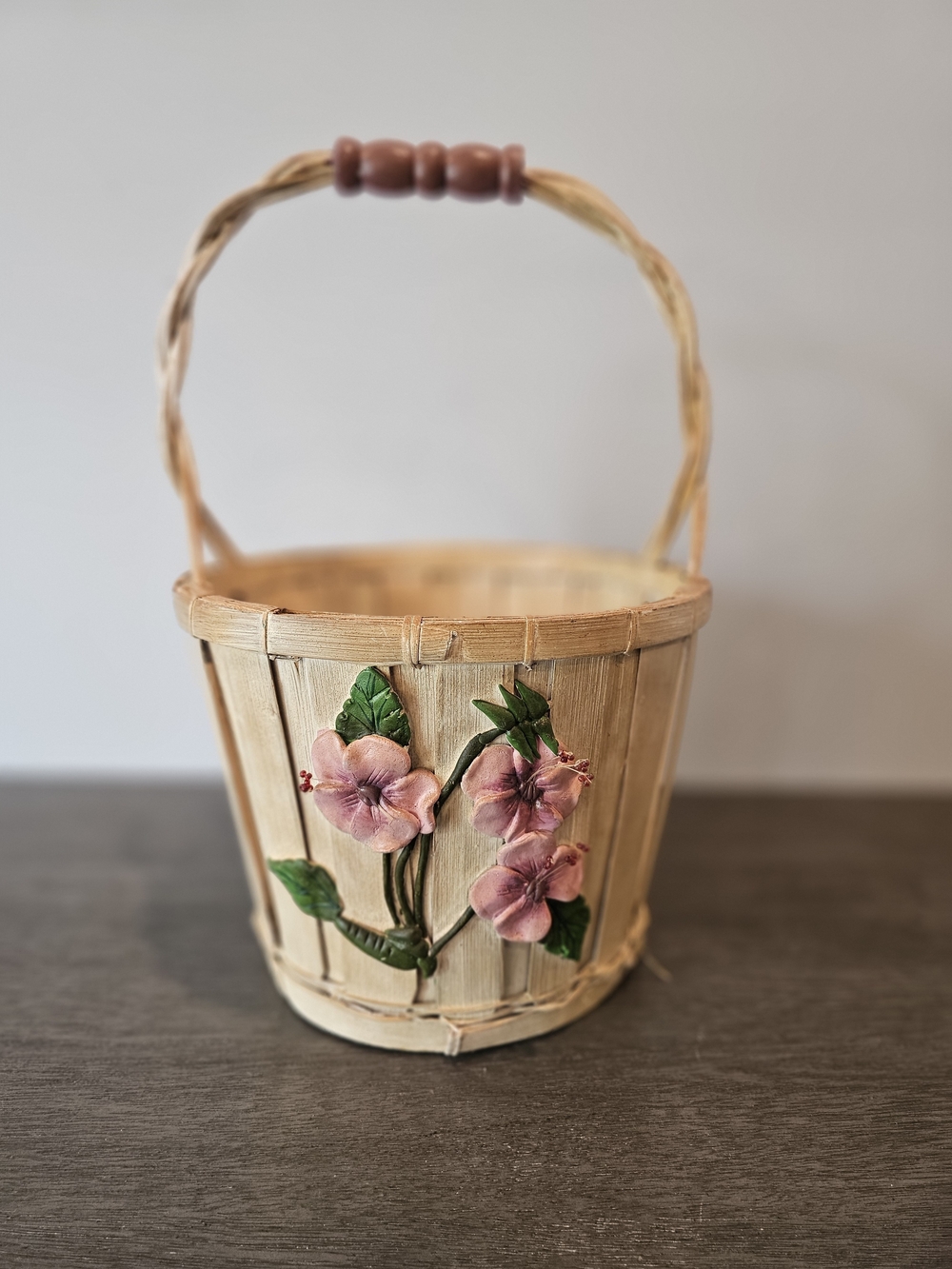 Large Handcrafted Floral Woven Basket with 3D Pink Flower Accents